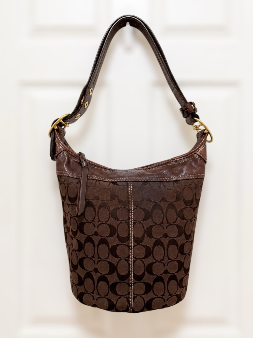 Coach Bleecker Signature Duffle Bucket Bag Brown Jacquard 11437